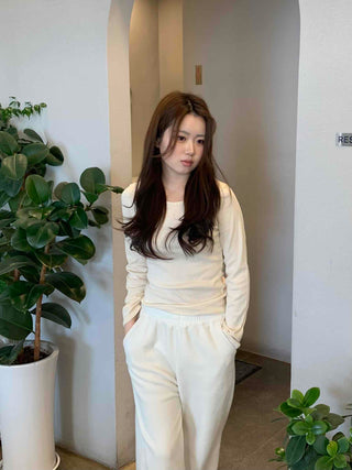 Velour Drop Shoulder V-Neck Loose Fit Long Sleeve T-Shirt