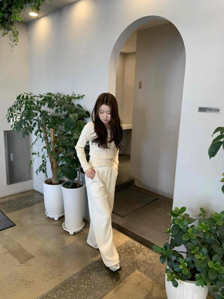 Velour Drop Shoulder V-Neck Loose Fit Long Sleeve T-Shirt