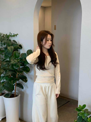 Velour Drop Shoulder V-Neck Loose Fit Long Sleeve T-Shirt