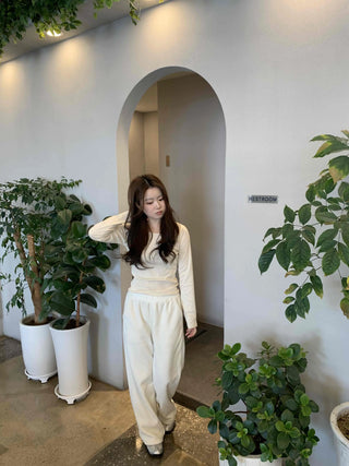 Velour Drop Shoulder V-Neck Loose Fit Long Sleeve T-Shirt