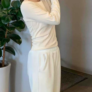 Velour Drop Shoulder V-Neck Loose Fit Long Sleeve T-Shirt