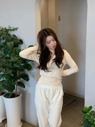 Velour Drop Shoulder V-Neck Loose Fit Long Sleeve T-Shirt