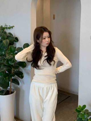 Velour Drop Shoulder V-Neck Loose Fit Long Sleeve T-Shirt