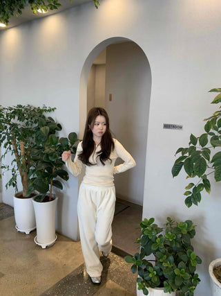Velour Drop Shoulder V-Neck Loose Fit Long Sleeve T-Shirt