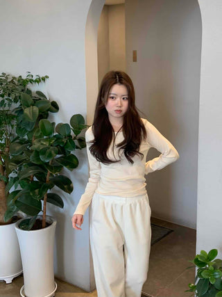Velour Drop Shoulder V-Neck Loose Fit Long Sleeve T-Shirt