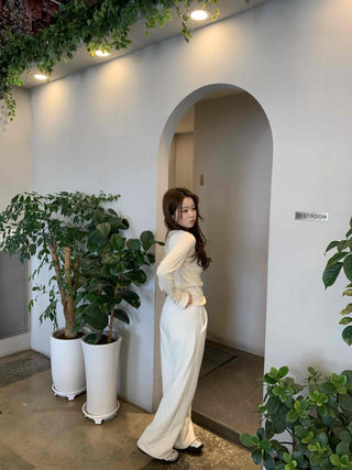 Velour Drop Shoulder V-Neck Loose Fit Long Sleeve T-Shirt