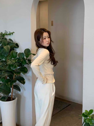 Velour Drop Shoulder V-Neck Loose Fit Long Sleeve T-Shirt