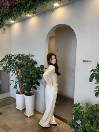 Velour Drop Shoulder V-Neck Loose Fit Long Sleeve T-Shirt