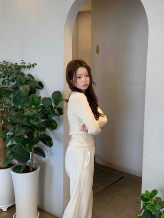 Velour Drop Shoulder V-Neck Loose Fit Long Sleeve T-Shirt