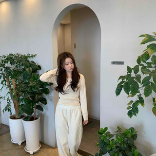 Velour Drop Shoulder V-Neck Loose Fit Long Sleeve T-Shirt