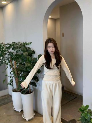 Velour Drop Shoulder V-Neck Loose Fit Long Sleeve T-Shirt