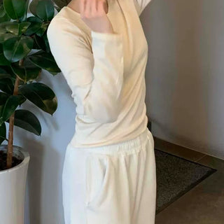 Velour Drop Shoulder V-Neck Loose Fit Long Sleeve T-Shirt