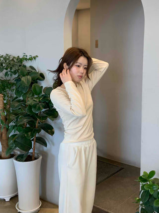 Velour Drop Shoulder V-Neck Loose Fit Long Sleeve T-Shirt