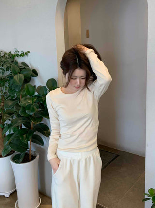 Velour Drop Shoulder V-Neck Loose Fit Long Sleeve T-Shirt