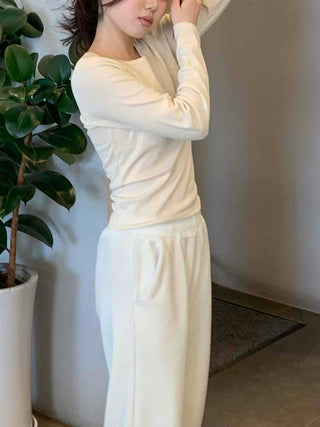 Velour Drop Shoulder V-Neck Loose Fit Long Sleeve T-Shirt