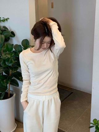 Velour Drop Shoulder V-Neck Loose Fit Long Sleeve T-Shirt