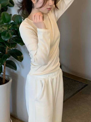 Velour Drop Shoulder V-Neck Loose Fit Long Sleeve T-Shirt