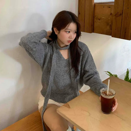 Cozy Hooded Loose Fit V-Neck Knit