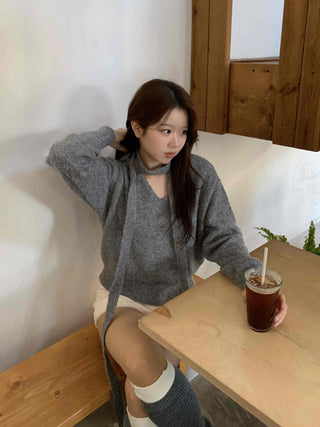 Cozy Hooded Loose Fit V-Neck Knit