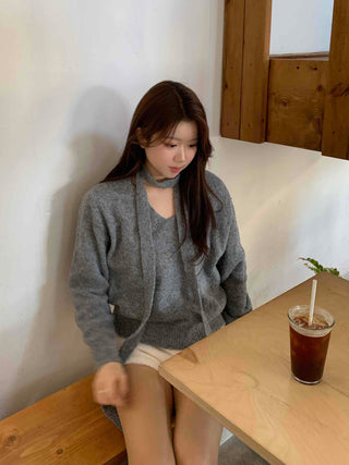 Cozy Hooded Loose Fit V-Neck Knit