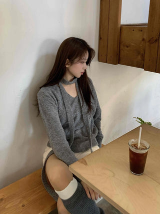 Cozy Hooded Loose Fit V-Neck Knit