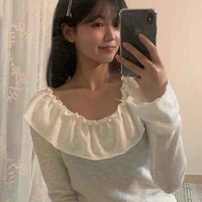 Big Ruffle Collar Shirred Sleeve Slim Long Sleeve T-shirt