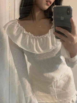 Big Ruffle Collar Shirred Sleeve Slim Long Sleeve T-shirt