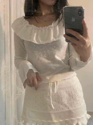 Big Ruffle Collar Shirred Sleeve Slim Long Sleeve T-shirt