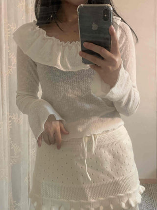 Big Ruffle Collar Shirred Sleeve Slim Long Sleeve T-shirt