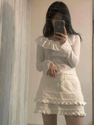Big Ruffle Collar Shirred Sleeve Slim Long Sleeve T-shirt