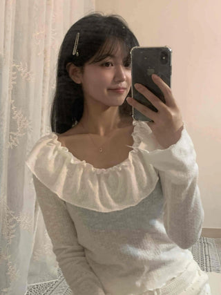 Big Ruffle Collar Shirred Sleeve Slim Long Sleeve T-shirt