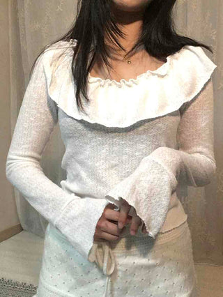 Big Ruffle Collar Shirred Sleeve Slim Long Sleeve T-shirt