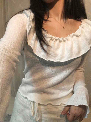 Big Ruffle Collar Shirred Sleeve Slim Long Sleeve T-shirt
