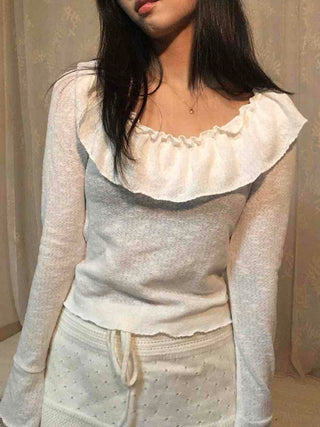 Big Ruffle Collar Shirred Sleeve Slim Long Sleeve T-shirt