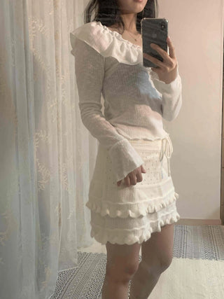 Big Ruffle Collar Shirred Sleeve Slim Long Sleeve T-shirt