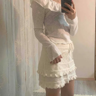 Big Ruffle Collar Shirred Sleeve Slim Long Sleeve T-shirt