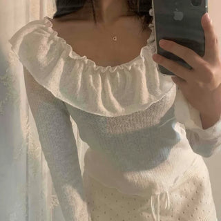 Big Ruffle Collar Shirred Sleeve Slim Long Sleeve T-shirt