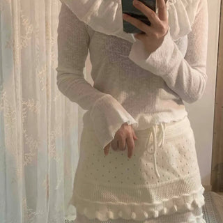Big Ruffle Collar Shirred Sleeve Slim Long Sleeve T-shirt