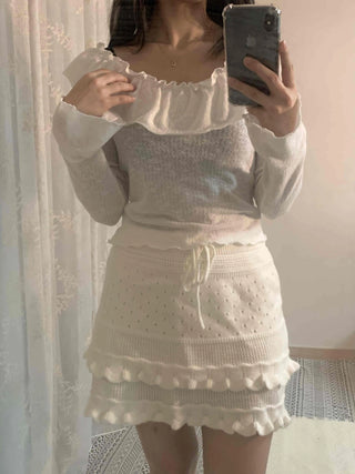 Big Ruffle Collar Shirred Sleeve Slim Long Sleeve T-shirt