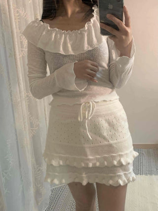 Big Ruffle Collar Shirred Sleeve Slim Long Sleeve T-shirt
