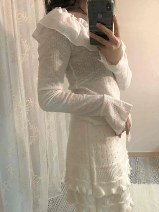 Big Ruffle Collar Shirred Sleeve Slim Long Sleeve T-shirt