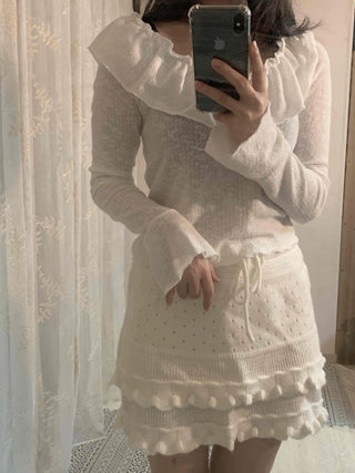 Big Ruffle Collar Shirred Sleeve Slim Long Sleeve T-shirt