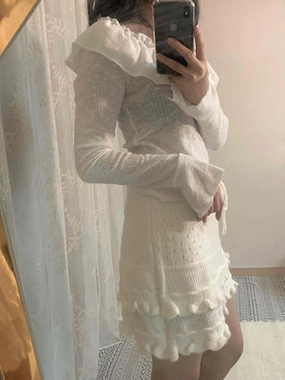 Big Ruffle Collar Shirred Sleeve Slim Long Sleeve T-shirt