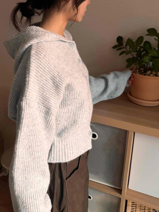 Open Collar Wide Sleeve Cropped Knit Cardigan