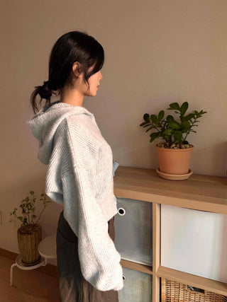 Open Collar Wide Sleeve Cropped Knit Cardigan