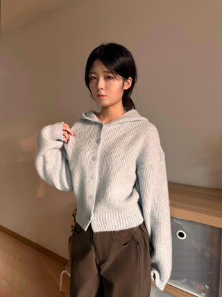 Open Collar Wide Sleeve Cropped Knit Cardigan