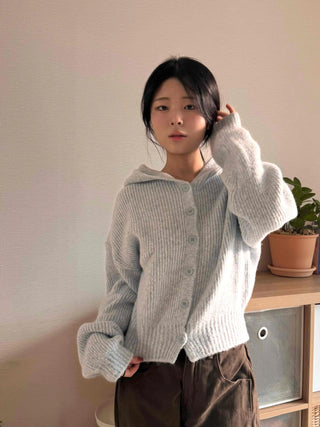 Open Collar Wide Sleeve Cropped Knit Cardigan