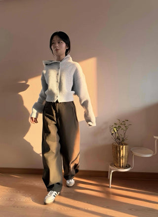 Open Collar Wide Sleeve Cropped Knit Cardigan