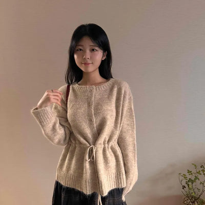 Natural Texture Round Neck Loose Knit Cardigan with String Details