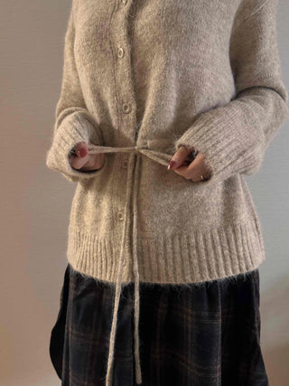Natural Texture Round Neck Loose Knit Cardigan with String Details